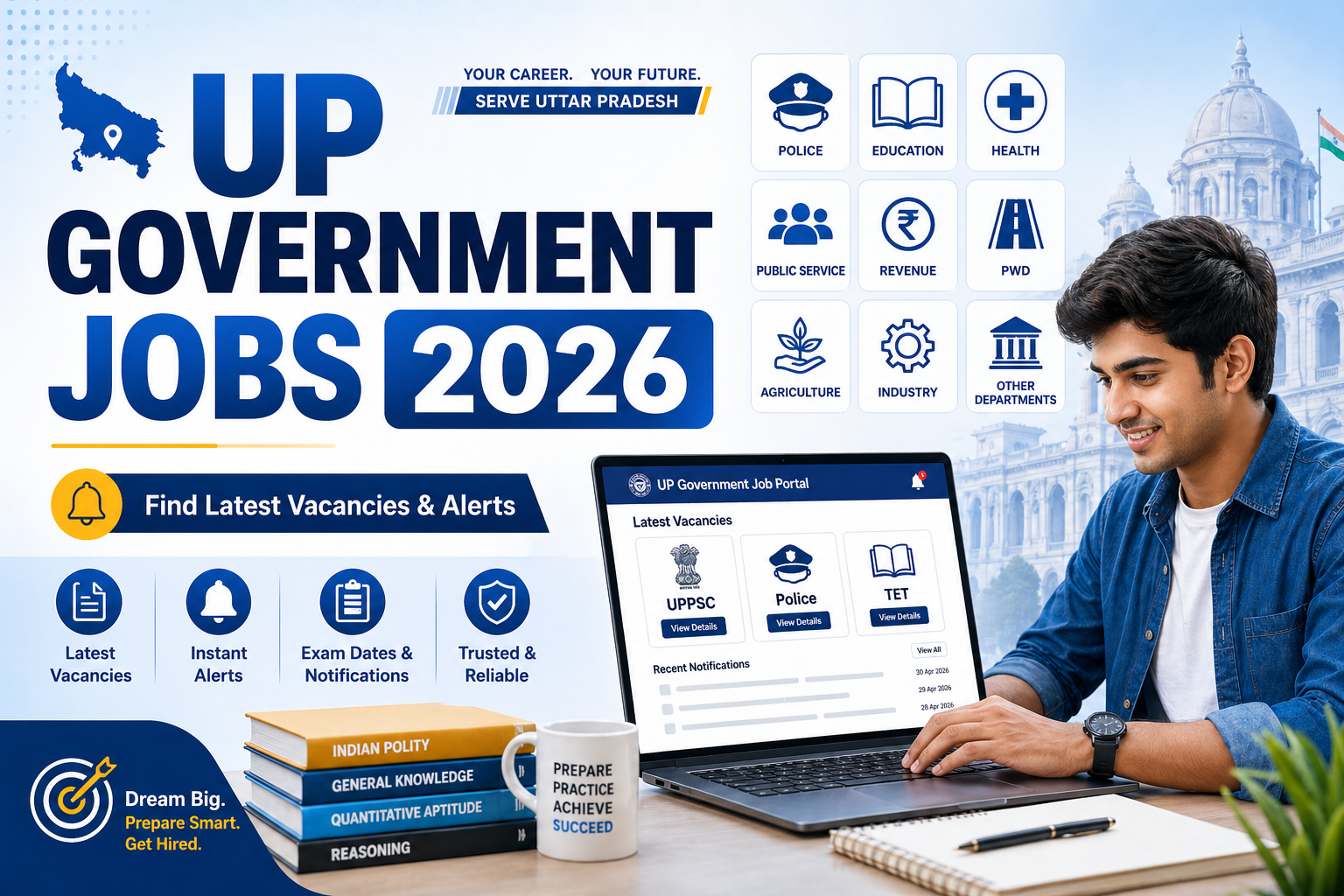 Student checking Uttar Pradesh government job vacancies on a laptop with department icons (police, education, health) in the background.