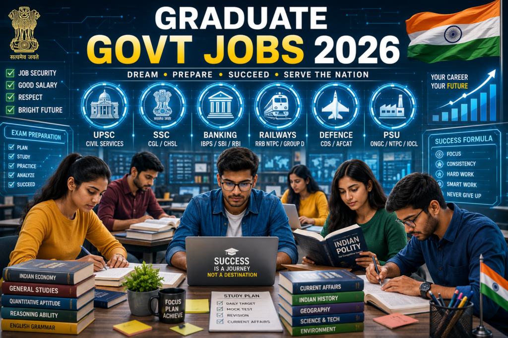 Indian graduates preparing for Graduate Govt Jobs 2026 exams with futuristic government career visuals.