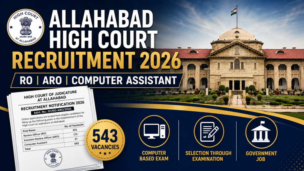 Featured image showing Allahabad High Court Recruitment 2026 for Review Officer, Assistant Review Officer, and Computer Assistant posts with 543 vacancies.