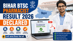 Bihar BTSC Pharmacist Result 2026 declared image showing pharmacist and official result announcement.