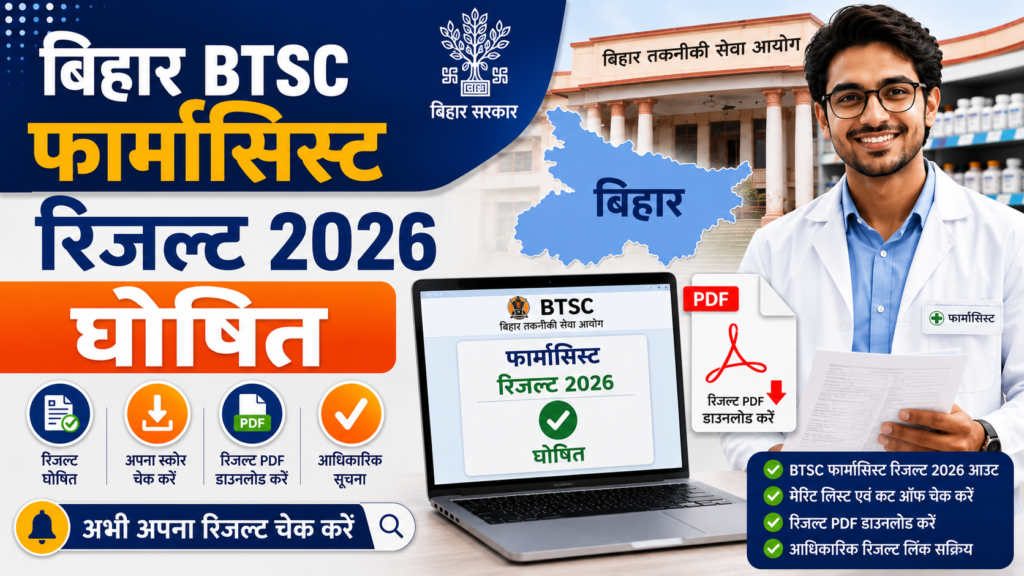 Bihar BTSC Pharmacist Result 2026 declared image showing pharmacist and official result announcement.