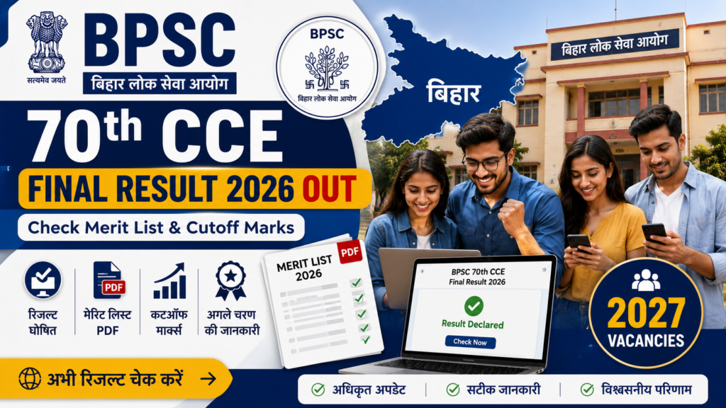 Featured image showing BPSC 70th CCE Final Result 2026 announcement with merit list, cutoff marks, Bihar PSC theme, and candidates checking their results online.