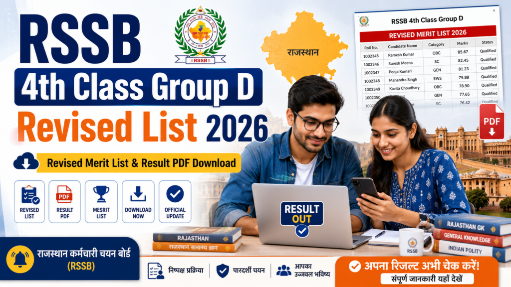 Students checking RSSB 4th Class Group D Revised List 2026 merit list and result PDF online.