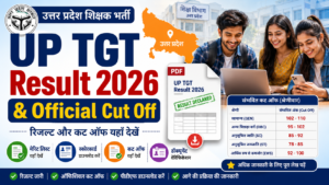 UP TGT Result 2026 official cut off image showing subject-wise qualifying marks, merit list PDF, and teacher recruitment result details.