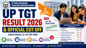 UP TGT Result 2026 official cut off image showing subject-wise qualifying marks, merit list PDF, and teacher recruitment result details.