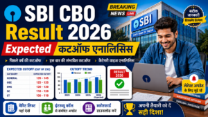 Illustration showing SBI CBO Result 2026 cutoff analysis with banking graphics, candidate checking result online, and category-wise cutoff trends.