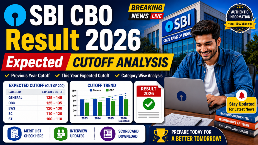 Illustration showing SBI CBO Result 2026 cutoff analysis with banking graphics, candidate checking result online, and category-wise cutoff trends.
