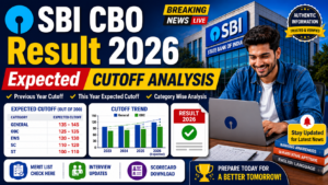Illustration showing SBI CBO Result 2026 cutoff analysis with banking graphics, candidate checking result online, and category-wise cutoff trends.