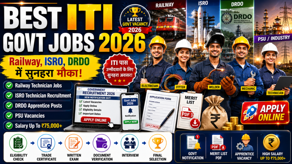 Featured image showing Best ITI Government Jobs 2026 with Railway, ISRO, DRDO, PSU industries, ITI students in safety helmets, recruitment notifications, merit list PDF, and salary package icons.