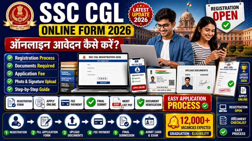 SSC CGL Online Form 2026 featured image showing students applying online, registration form on laptop, mobile application status, document upload, Aadhaar card, and SSC recruitment process icons.