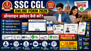 SSC CGL Online Form 2026 featured image showing students applying online, registration form on laptop, mobile application status, document upload, Aadhaar card, and SSC recruitment process icons.