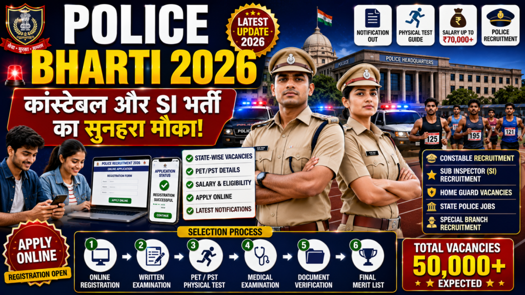 Police Bharti 2026 thumbnail featuring male and female police officers, police recruitment notification, PET/PST physical test, police vehicles, application form, and constable and SI vacancy details.
