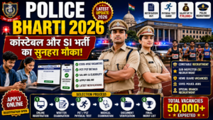 Police Bharti 2026 thumbnail featuring male and female police officers, police recruitment notification, PET/PST physical test, police vehicles, application form, and constable and SI vacancy details.