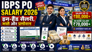 IBPS PO Salary 2026 thumbnail featuring male and female bank officers, salary slip, bank building, in-hand salary ₹70,000+, promotion hierarchy, allowances, and banking career growth graphics.