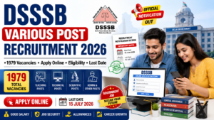DSSSB Various Post Recruitment 2026 featured image showing Indian students checking online application details for 1979 government vacancies in Delhi.