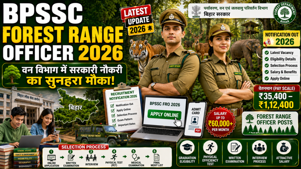 BPSSC Forest Range Officer Recruitment 2026 thumbnail featuring male and female forest officers, forest wildlife, Bihar map, recruitment notification, salary details, and apply online graphics.