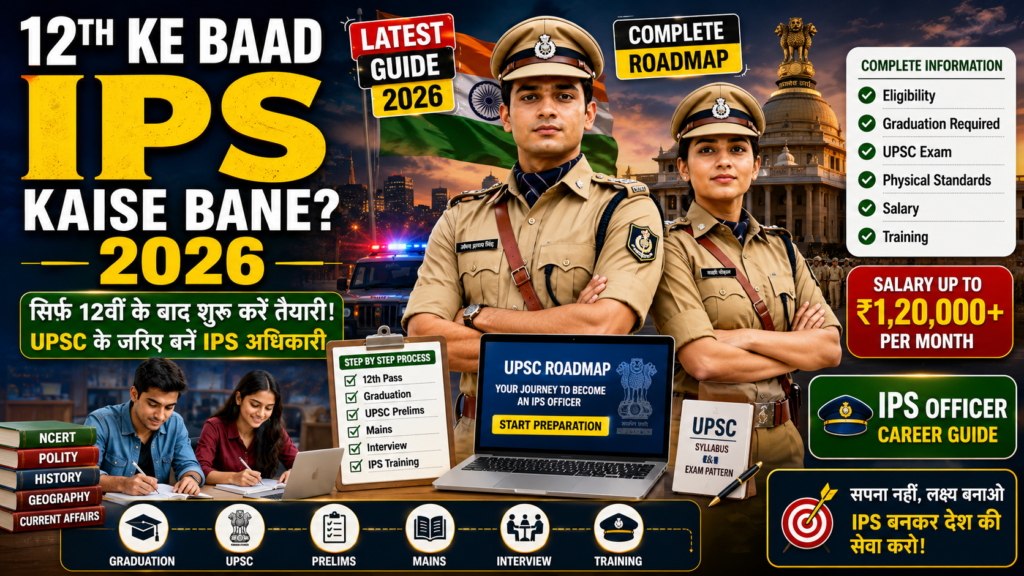 12th ke baad IPS kaise bane 2026 guide showing IPS officers, UPSC preparation roadmap, eligibility, salary, graduation requirement, and career path after Class 12.
