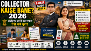Collector kaise bane 2026 infographic showing UPSC exam process, eligibility, qualification, salary, IAS officer career path, and step-by-step guide to become a District Collector.
