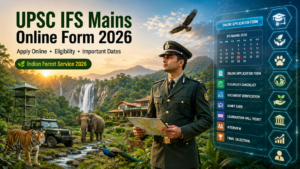 UPSC IFS Mains Online Form 2026 featured image showing an Indian Forest Service officer, forest landscape, wildlife, and online application dashboard for the Indian Forest Service Mains Examination.