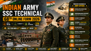 Indian Army SSC Technical 68th Online Form 2026 featured image showing male and female Army officers, military academy, engineering graduates, and recruitment details for SSC Technical Entry.