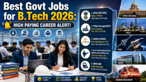 Best Govt Jobs for B.Tech 2026 featured image showing engineering graduates exploring high-paying government career options including UPSC ESE, PSUs through GATE, ISRO, DRDO, State Engineering Services, and RRB SSE.