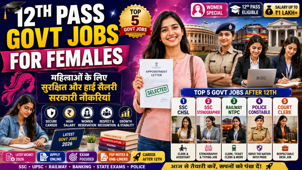12th pass government jobs for females thumbnail showing female aspirants, police officer, railway employee, SSC jobs, court clerk jobs, and appointment letter for girls seeking secure government careers.