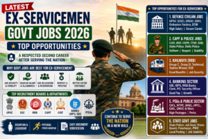 Latest Ex-Servicemen Govt Jobs 2026 featured image showing a retired Indian Army soldier with government career opportunities in UPSC, SSC, RRB, CAPF, CISF, banking, PSUs, and state government departments.