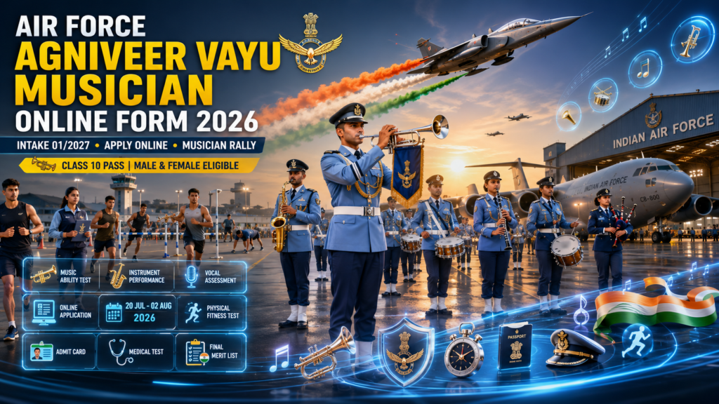 Air Force Agniveer Vayu Musician Online Form 2026 featured image showing Indian Air Force ceremonial band, musician rally, fighter jet flypast, physical fitness test, and online application for Intake 01/2027.