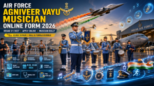 Air Force Agniveer Vayu Musician Online Form 2026 featured image showing Indian Air Force ceremonial band, musician rally, fighter jet flypast, physical fitness test, and online application for Intake 01/2027.