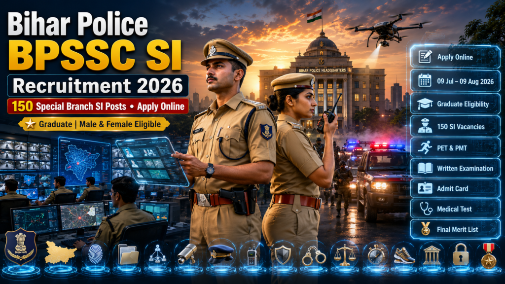 Bihar Police BPSSC SI Recruitment 2026 featured image showing Special Branch Sub Inspector officers, Bihar Police Headquarters, intelligence operations, 150 SI vacancies, and online application details.