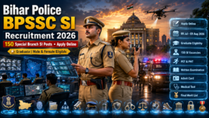 Bihar Police BPSSC SI Recruitment 2026 featured image showing Special Branch Sub Inspector officers, Bihar Police Headquarters, intelligence operations, 150 SI vacancies, and online application details.