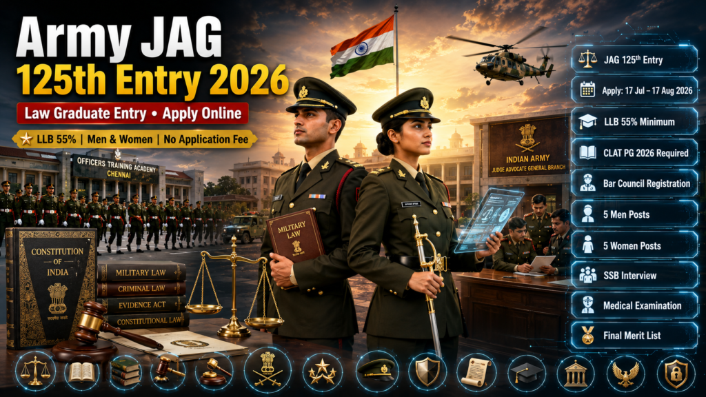 Army JAG 125th Entry Online Form 2026 featured image showing Indian Army Judge Advocate General (JAG) officers, Officers Training Academy Chennai, law graduate recruitment, military law, and online application details.