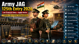 Army JAG 125th Entry Online Form 2026 featured image showing Indian Army Judge Advocate General (JAG) officers, Officers Training Academy Chennai, law graduate recruitment, military law, and online application details.