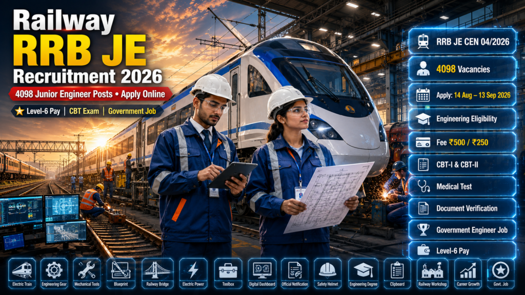 Railway RRB Junior Engineer Online Form 2026 featured image showing Indian Railway Junior Engineers inspecting a modern electric train in a locomotive maintenance workshop with 4098 JE vacancies, CEN 04/2026 notification, and online application details.