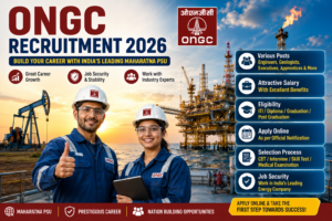 ONGC Recruitment 2026 featured image showing Oil and Natural Gas Corporation engineers working at an offshore oil drilling platform and onshore oil field with career opportunities, eligibility, salary, and government PSU job details.