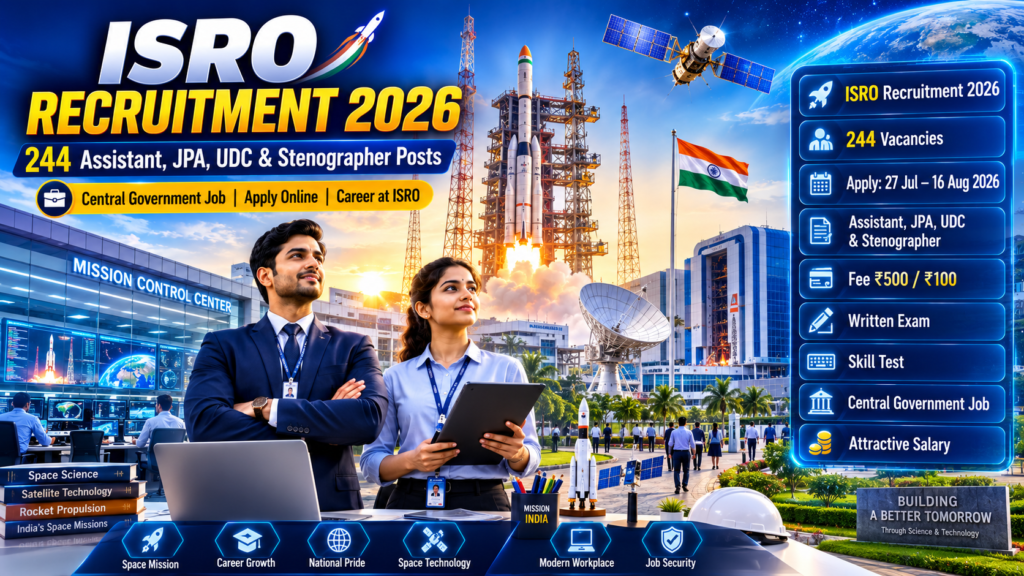 ISRO Various Post Recruitment 2026 featured image showing ISRO Assistant, Junior Personal Assistant, UDC and Stenographer recruitment with 244 vacancies at an Indian space research centre.