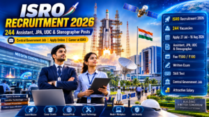 ISRO Various Post Recruitment 2026 featured image showing ISRO Assistant, Junior Personal Assistant, UDC and Stenographer recruitment with 244 vacancies at an Indian space research centre.
