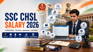 SSC CHSL Salary 2026 featured image showing a government employee in an office with salary slip, pay scale, allowances, promotion icons, and Indian Parliament in the background.