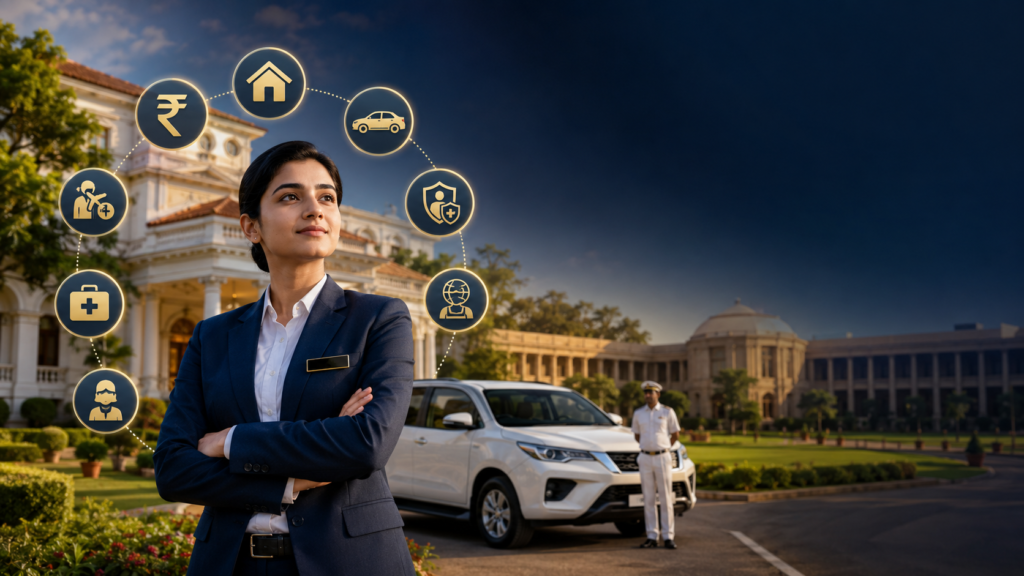 Illustration of an Indian IAS officer standing outside a government residence with a government vehicle and icons representing salary, official accommodation, security, medical benefits, travel allowance, and pension.