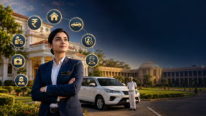 Illustration of an Indian IAS officer standing outside a government residence with a government vehicle and icons representing salary, official accommodation, security, medical benefits, travel allowance, and pension.