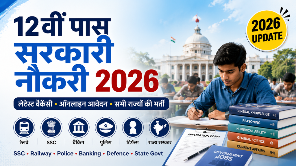 12वीं पास सरकारी नौकरी 2026 featured image showing students appearing for competitive exams with icons for SSC, Railway, Police, Banking, Defence, and State Government jobs.
