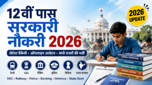 12वीं पास सरकारी नौकरी 2026 featured image showing students appearing for competitive exams with icons for SSC, Railway, Police, Banking, Defence, and State Government jobs.