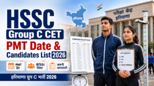 Featured image showing HSSC Group C CET 2026 Physical Measurement Test (PMT) candidates with a government exam center, measuring scale, and candidates list document.