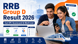 RRB Group D Result 2026 featured image showing candidates checking their scorecard, cut off marks, and merit list online with Indian Railways-themed graphics.