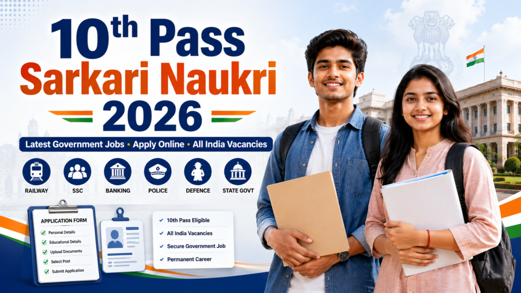 10th Pass Sarkari Naukri 2026 featured image showing young Indian candidates with government job application documents and official recruitment theme.