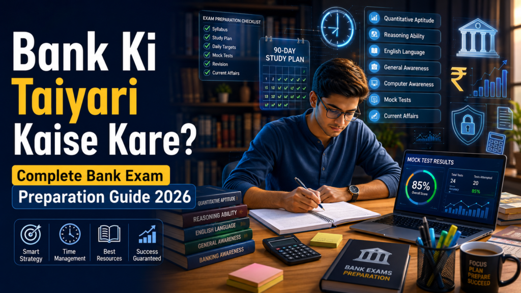 Bank Ki Taiyari Kaise Kare 2026 – Indian student preparing for bank exams with study books, laptop, mock test dashboard, banking icons, and a 90-day study plan in a modern study room.