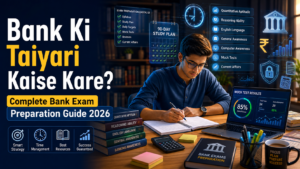 Bank Ki Taiyari Kaise Kare 2026 – Indian student preparing for bank exams with study books, laptop, mock test dashboard, banking icons, and a 90-day study plan in a modern study room.