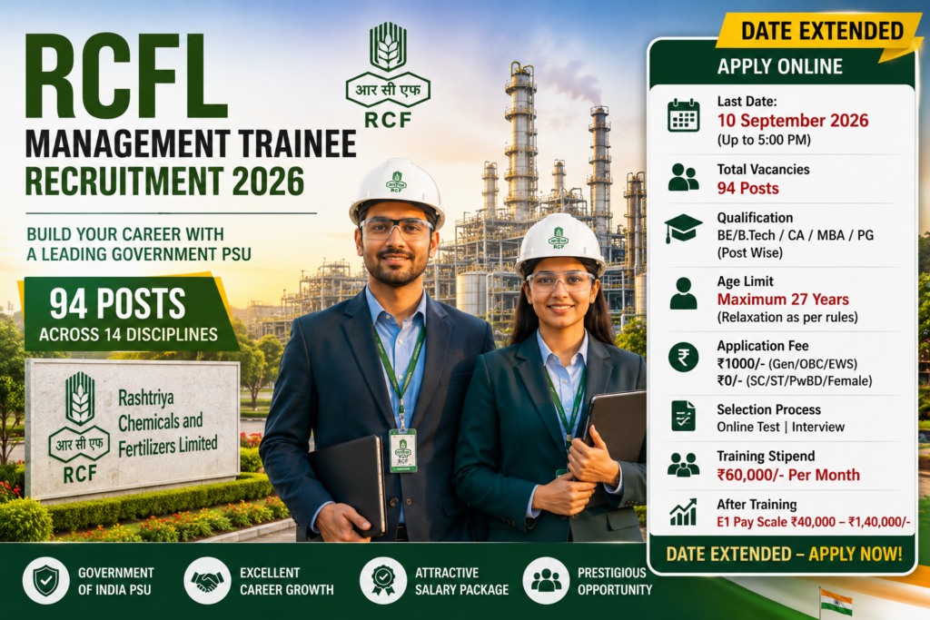 RCFL Management Trainee Recruitment 2026 for 94 posts with date extended to 10 September 2026