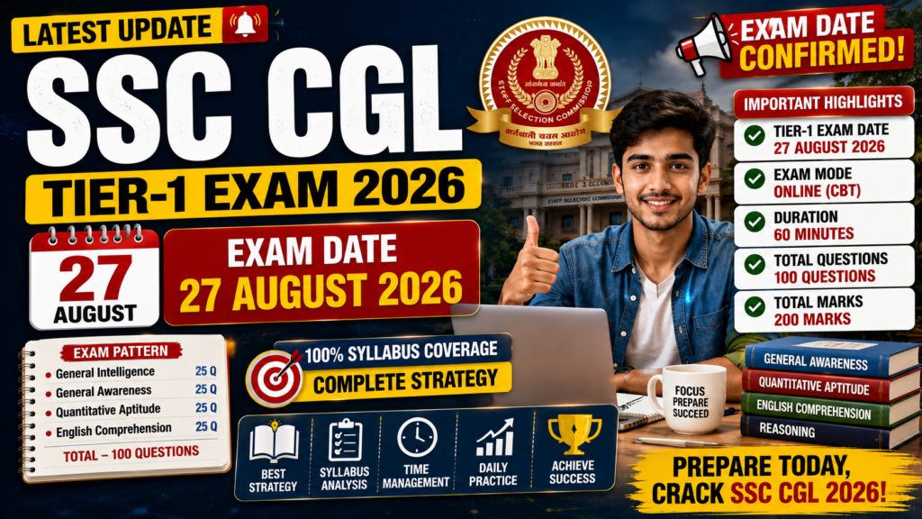 SSC CGL Tier 1 Exam 2026 featured image showing the 27 August 2026 exam date, online CBT mode, exam pattern, 100 questions, 200 marks, and preparation strategy.