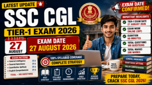 SSC CGL Tier 1 Exam 2026 featured image showing the 27 August 2026 exam date, online CBT mode, exam pattern, 100 questions, 200 marks, and preparation strategy.